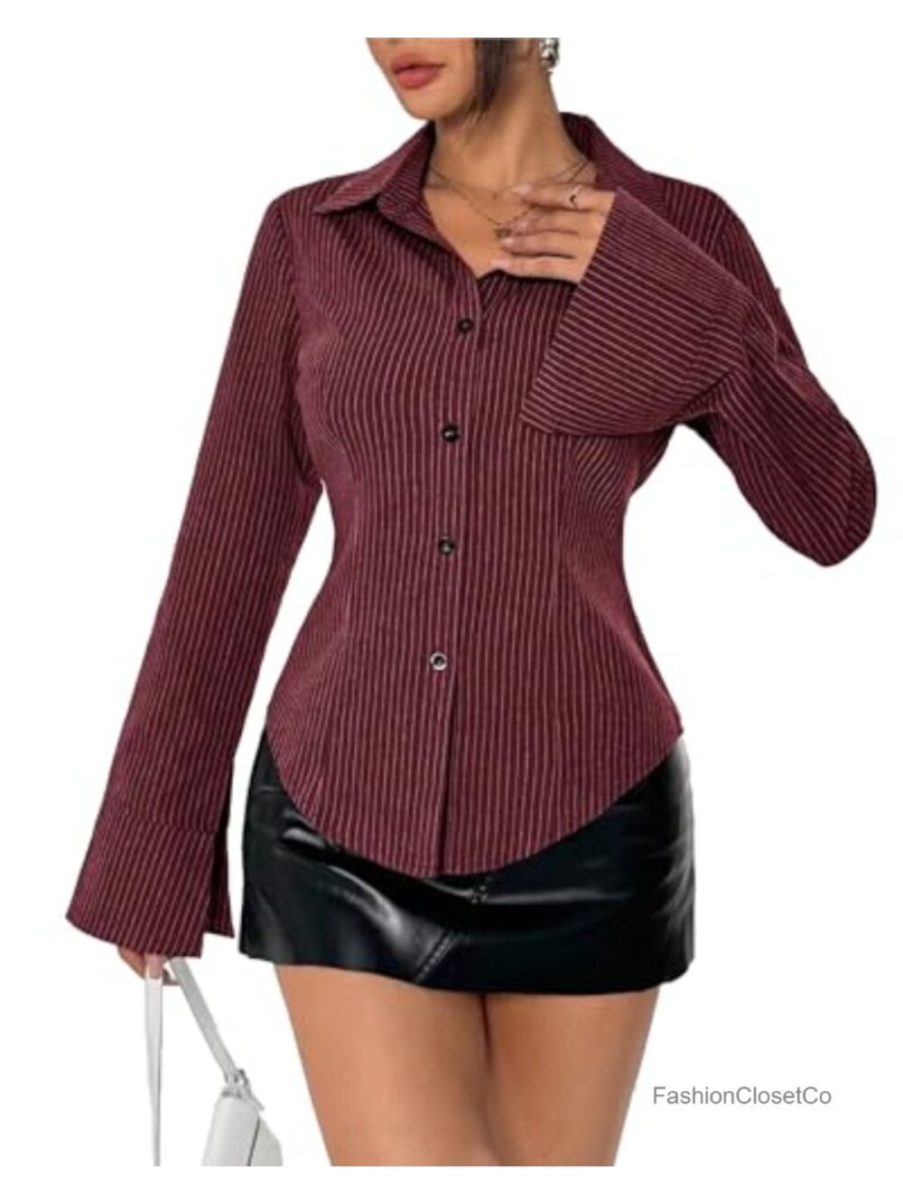 Womens Striped Long Sleeve Button Down Shirt Fitted Collared Blouse Office